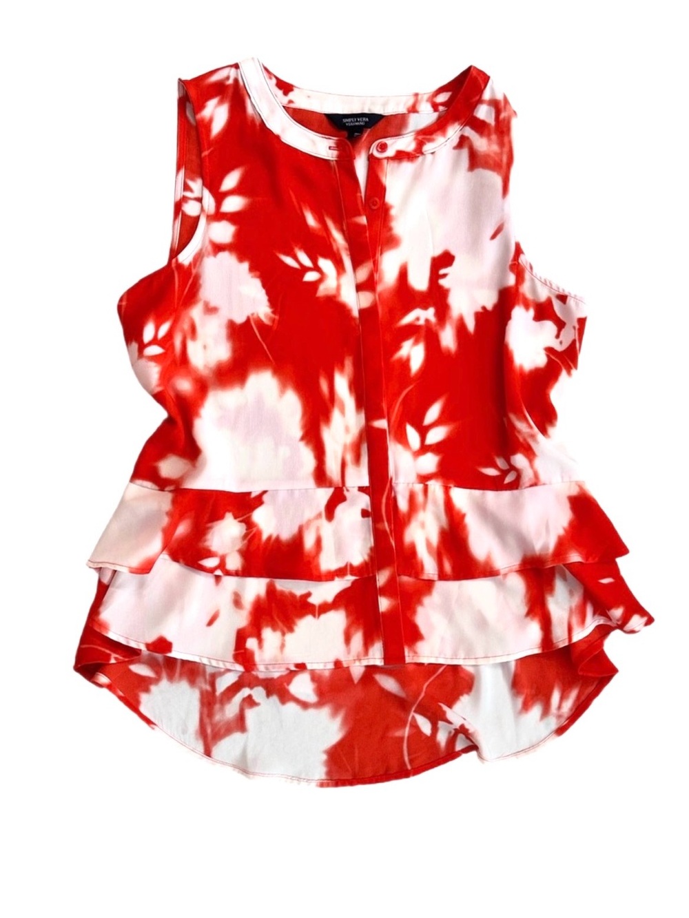 SIMPLY VERA ~ Vera Wang Red and White Sleeveless Asymmetrical Ruffled Blouse - Picture 4 of 8